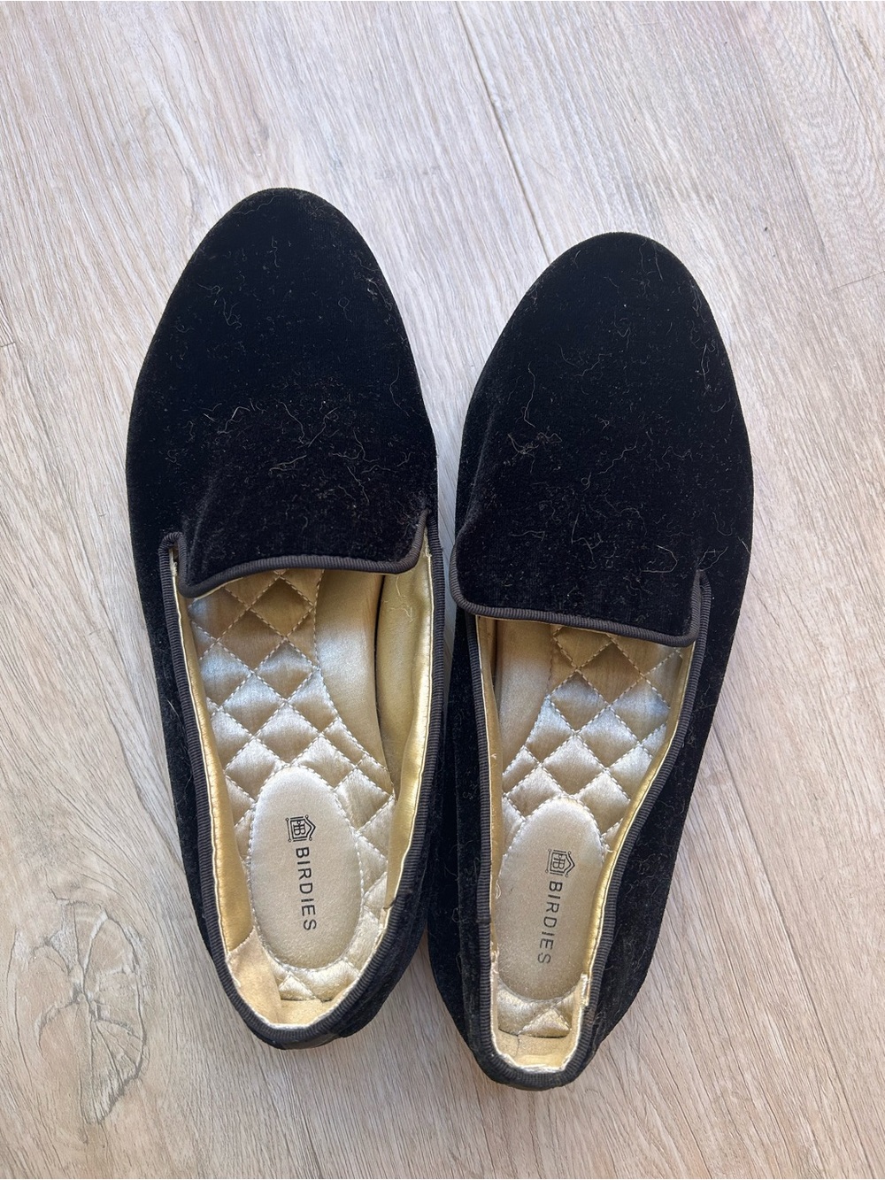 Birdies Black Velvet Quilted-Insole Slip-On Flats